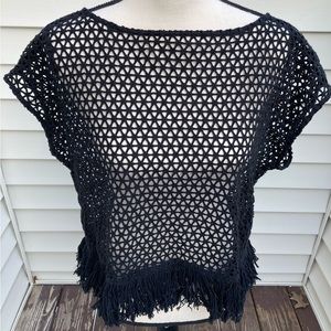Banana Republic Black Mesh Crop Fringe Top Size Medium
